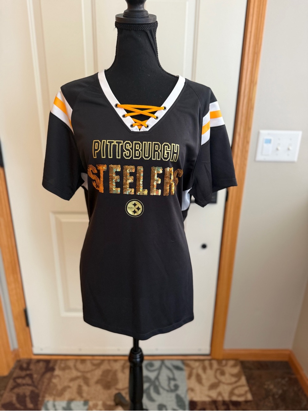 NFL team fan Pittsburgh  Steelers black gold v neck sequined lace up shirt. XXL